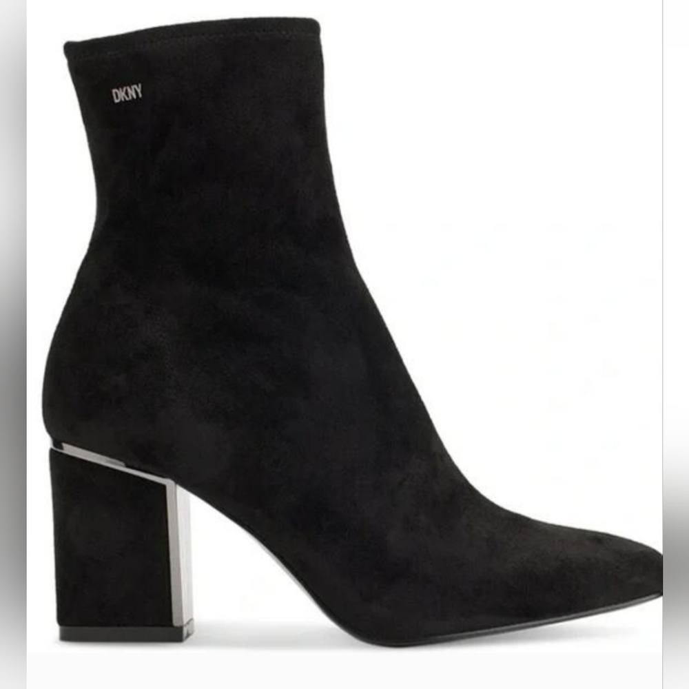 DKNY Brand Black Faux Suede Boots With Silver Accents On Heel Size 11 NIB